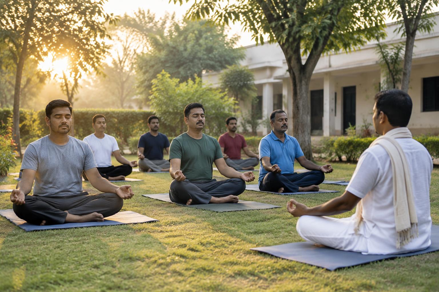 Morning yoga and meditation in a peaceful garden